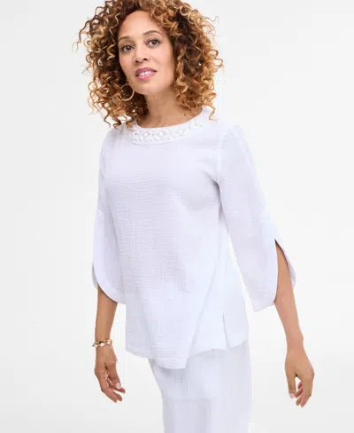 Jm Collection Women's Embellished Cotton Gauze Top, Exclusively At Macy's In White