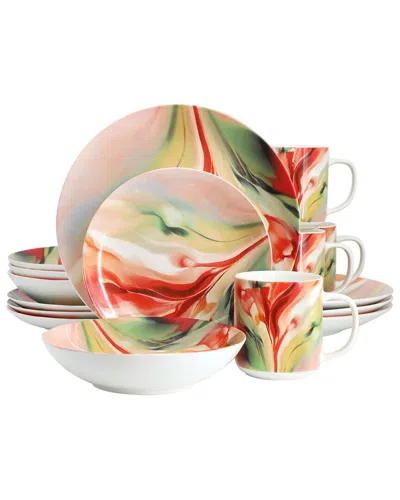 Elama Autumn Storm 16pc Abstract Round Porcelain Dinnerware Set In Multi