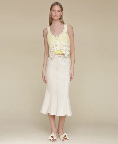 Avec Les Filles Paneled Flare Denim Midi Skirt In White