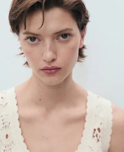Mango Crochet Top With Flowers Ecru In White
