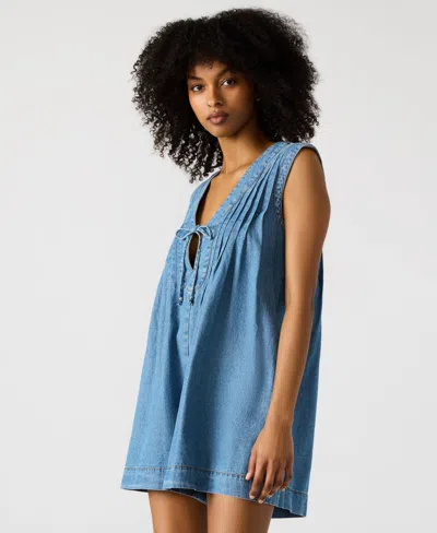 Steve Madden Mick Pintuck Denim Romper In Blue