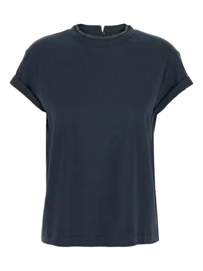 Brunello Cucinelli Blue Crewneck T-shirt With Monil Detail On The Collar And Rear Cut-out In Cotton Stretch Woman In Blue
