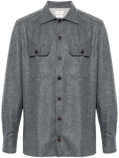 Brunello Cucinelli Flap Pocket Long-sleeved Shirt In Gray