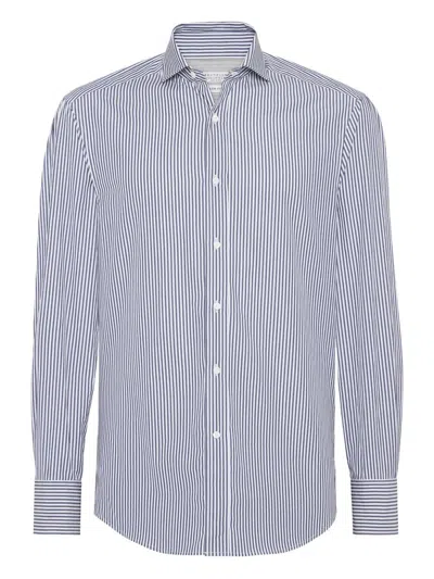 Brunello Cucinelli Striped Cotton Shirt With Button-down Collar In Blue