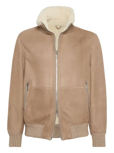Brunello Cucinelli Bomber Jacket With Shearling Collar And Ribbed Finish In Brown