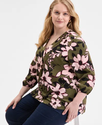 Jones New York Plus Size Floral-print 3/4-sleeve Top In Green