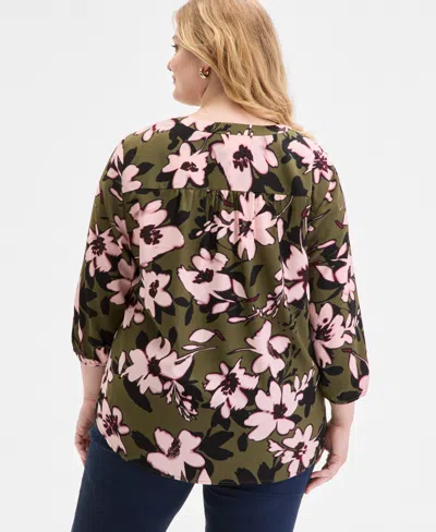 Jones New York Plus Size Floral-print 3/4-sleeve Top In Green