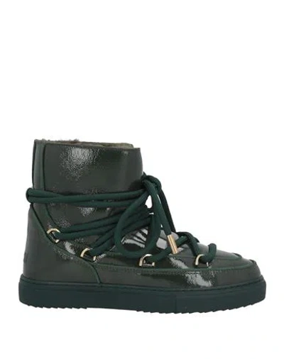 Inuikii Woman Ankle Boots Dark Green Size 8 Leather, Shearling In Green