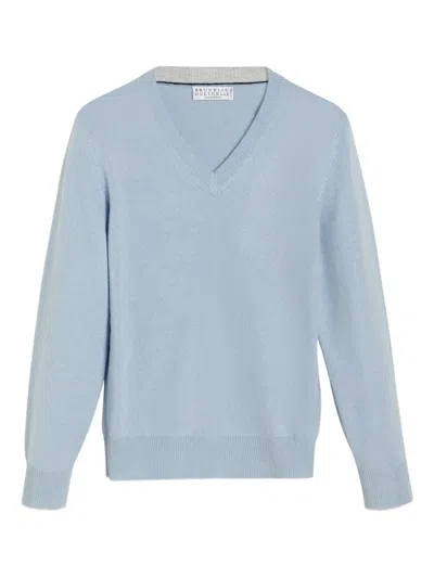 Brunello Cucinelli V-neck Cashmere Sweater In Blue