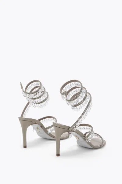 René Caovilla Chandelier Taupe Satin/black Diamond Strass Sandal In Gray