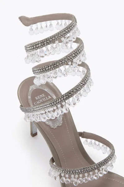 René Caovilla Chandelier Taupe Satin/black Diamond Strass Sandal In Gray