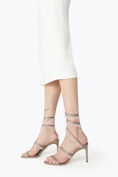 René Caovilla Chandelier Taupe Satin/black Diamond Strass Sandal In Gray