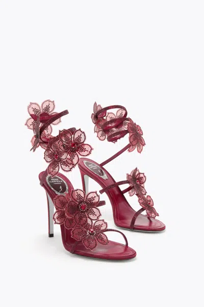 René Caovilla Floraine Crystal Flower Satin Snake Wrap Sandals