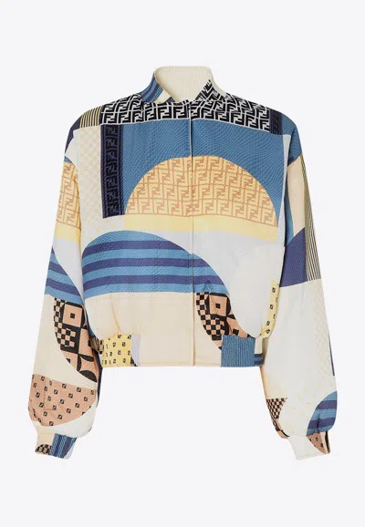 Fendi Blue Silk Reversible Bomber Jacket With Patchwork Print