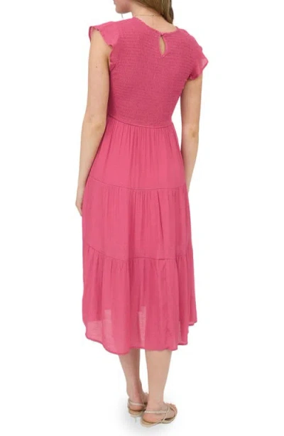 Blu Pepper Flutter Sleeve Smocked Tiered Midi Dress In Pink