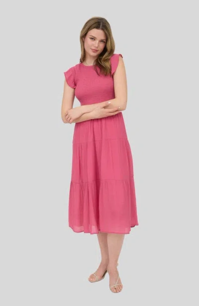 Blu Pepper Flutter Sleeve Smocked Tiered Midi Dress In Pink