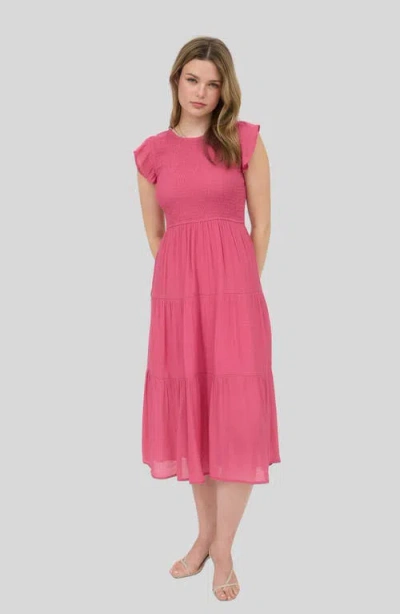 Blu Pepper Flutter Sleeve Smocked Tiered Midi Dress In Pink