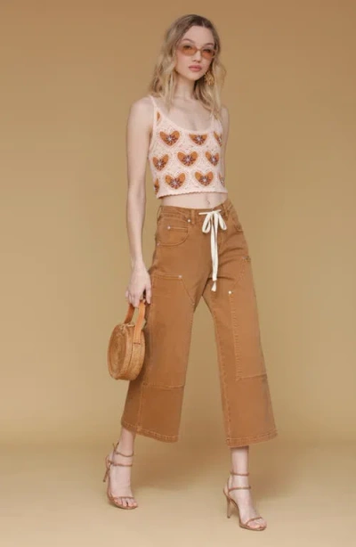 Avec Les Filles Drawstring Waist Crop Carpenter Pants In Brown