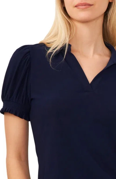 Cece Puff Sleeve Point Collar Knit Top In Blue