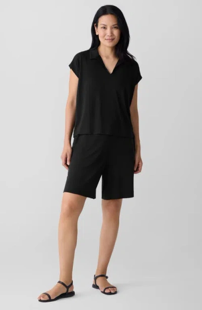Eileen Fisher Boxy Johnny Collar Jersey Top In Black