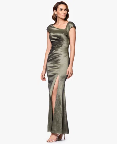 Xscape Petite Asymmetrical-neckline Long Sheath Dress In Green