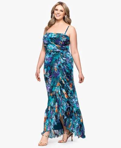 Xscape Plus Size Printed Ruffled Sleeveless Maxi Dress