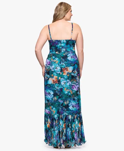 Xscape Plus Size Printed Ruffled Sleeveless Maxi Dress