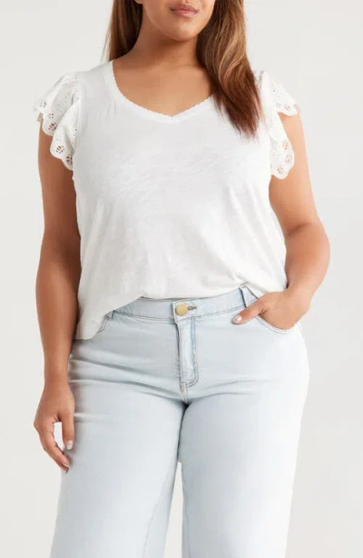 Wit & Wisdom Eyelet Flutter Sleeve V-neck T-shirt In White