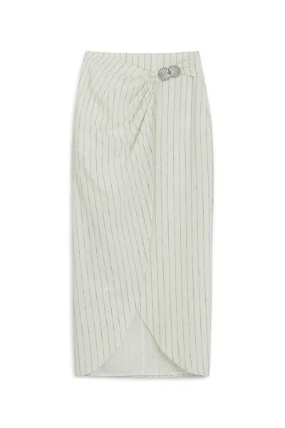 Nocturne Striped Linen Blend Midi Skirt With Metal Accessories