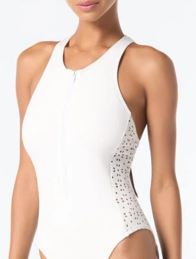 Michael Michael Kors Zip Front One Piece Swimsuit In White