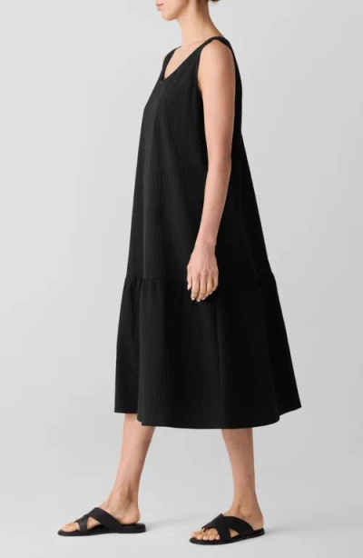 Eileen Fisher Scoop Neck Stretch Organic Cotton Midi Dress In Black