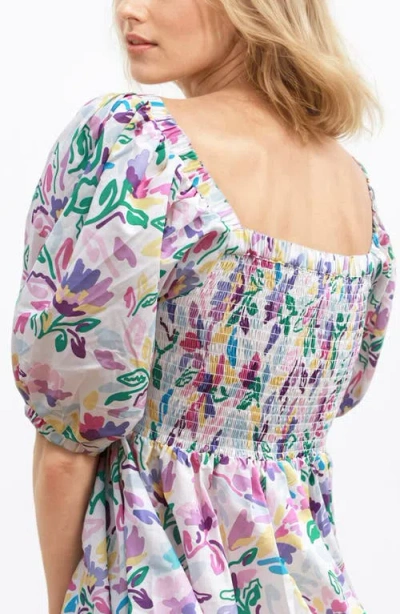 Jessie Zhao New York Violet Garden Smocked Cotton Silk Dress In Multi