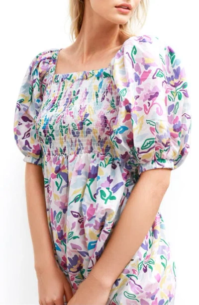 Jessie Zhao New York Violet Garden Smocked Cotton Silk Dress In Multi