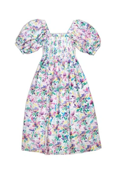 Jessie Zhao New York Violet Garden Smocked Cotton Silk Dress In Multi