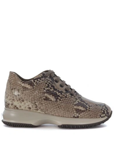 Hogan Sneaker  Interactive In Beige And Brown Python Printed Leather