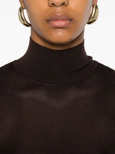 Self-portrait High-neck Ribbed Top In Brown