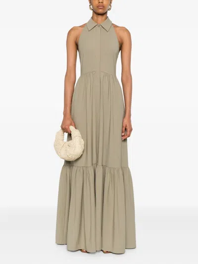 Self-portrait Beige Sleeveless Twill Maxi Dress In Brown