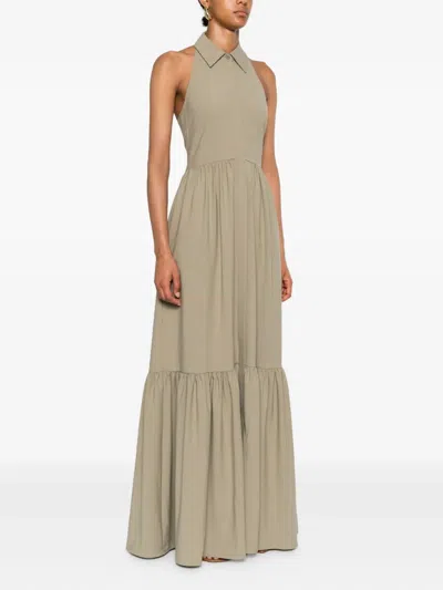 Self-portrait Beige Sleeveless Twill Maxi Dress In Brown