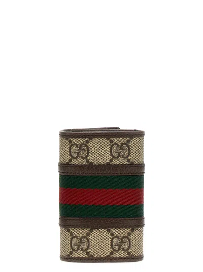 Gucci Gg Supreme Fabric And Leather Key Ring In Brown
