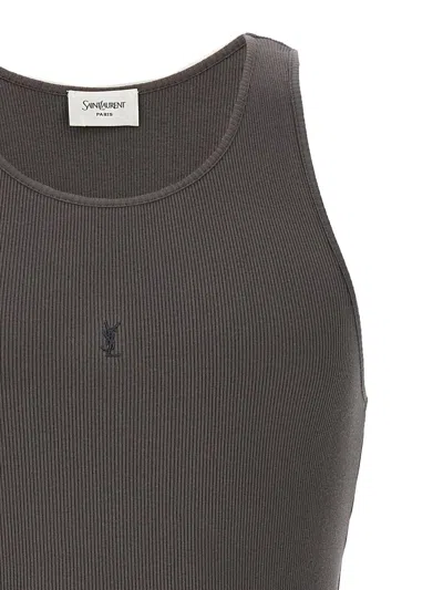 Saint Laurent Ribbed Texture Sleeveless Tank Top In Brown