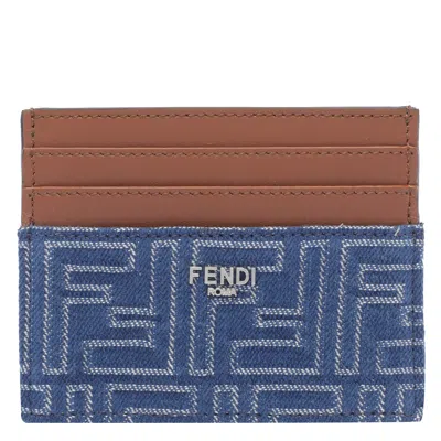Fendi Blue Denim Effect Ff Jacquard Card Holder And Brown Leather Men In Brown