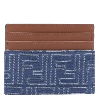 Fendi Blue Denim Effect Ff Jacquard Card Holder And Brown Leather Men In Brown