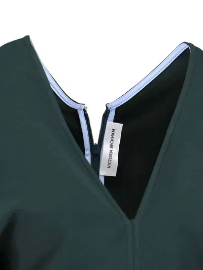 Victoria Beckham Green Midi Dress With Ruched Sleeves And V Neck In Green