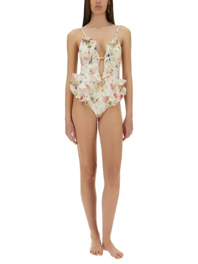 Zimmermann Multicolour Floral Swimsuit With Ruffled Edges And Adjustable Ties In Multi