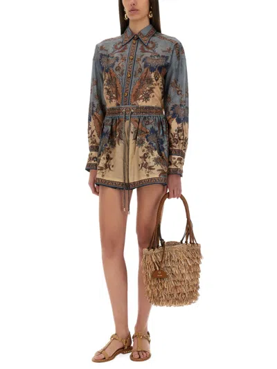 Zimmermann Womens Blue Cream Indienne Ascension Manstyle Graphic-pattern Silk Shirt