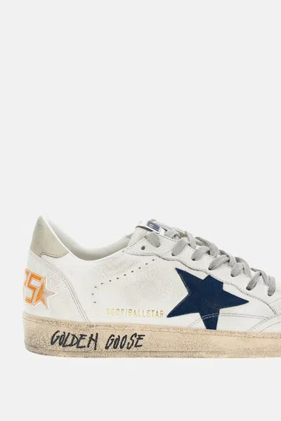 Golden Goose Ball Star Sneakers In Vintage Effect Leather With Blue Leather Star Shoes In White