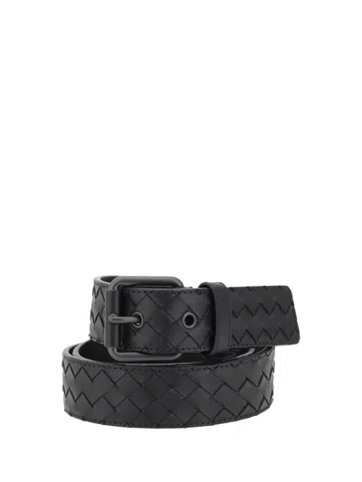 Bottega Veneta Woven Black Belt With Rectangular Bucklefinish In Black
