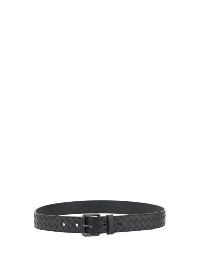 Bottega Veneta Woven Black Belt With Rectangular Bucklefinish In Black