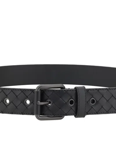 Bottega Veneta Woven Black Belt With Rectangular Bucklefinish In Black