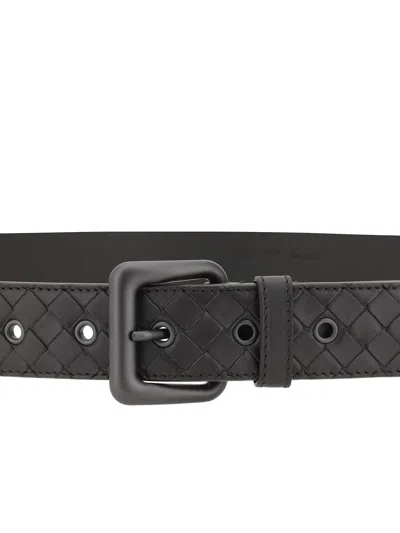 Bottega Veneta Woven Black Belt With Rectangular Bucklefinish In Black